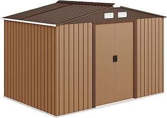 Outsunny 9 x 6ft Metal Garden Shed, Outdoor Storage Tool House with Ventilation Slots, Foundation Kit and Lockable Double Doors, Light Brown