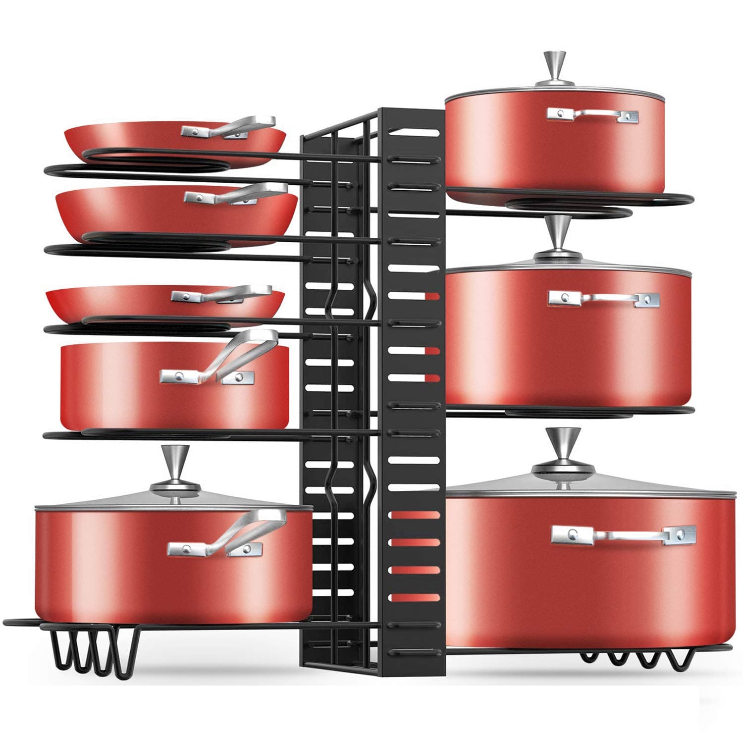 Pot Rack Organizer, 3 DIY Methods, Adjustable Height and Position, 8+ Pots Holder, Black Metal Kitchen Cabinet Pantry Pot Lid Holder, include Magnetic Knife Strip