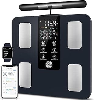 GE Smart Scale for Body Weight: 8-Electrode Digital Bathroom Scale for Weight Fat BMI Muscle Mass Full Body Composition Analyzer 50 Measurements Bluetooth Highly Accurate Weighing Machine 400lb Black