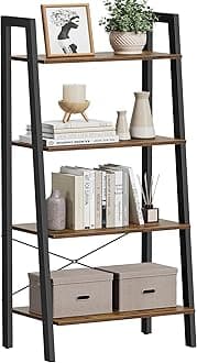 Industrial Ladder Shelf, 4 Tier Bookshelf, Storage Rack Shelves, Bathroom, Living Room, Wood Look Accent Furniture, Metal Frame, Ulls44X, Rustic Brown + Black