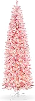 Best Choice Products Flocked Pink Pencil Christmas Tree, Pre-Lit Slim Artificial Holiday Decoration, 6ft Lighted Skinny w/Base, Warm White Lights