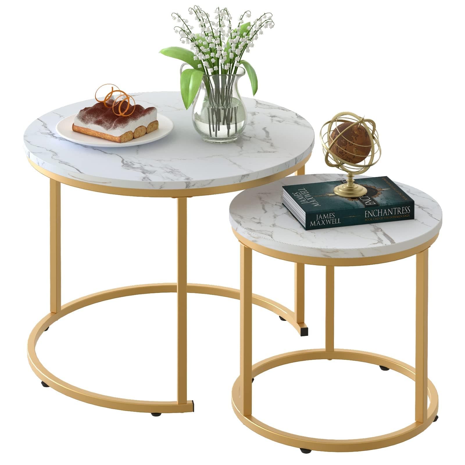 Coffee Table Nesting White Set of 2 Side Set Golden Frame Circular Round and Marble Pattern Wooden Tables, Living Room Bedroom Apartment Modern Industrial Simple Nightstand
