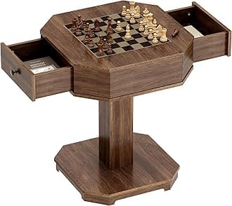 soges 2-Drawer Game Board Table for Chess and Checkers, Chess Table for Family Board Games, Walnut Color
