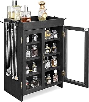 Ikee Design Small Wooden Countertop Storage Cabinet with Adjustable Shelves and Removable Hooks, Perfect for Perfume, Pantry, Essential Oil, 10.4W x 6.1D x 14.4H in, Black