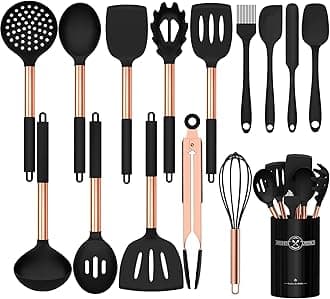 Umite Chef Silicone Cooking Utensil Set, Kitchen Utensils 15pcs Cooking Utensils Set Non-Stick Silicone Rose Gold Handle Cooking Tools Whisk Kitchen Tools Set - Balck