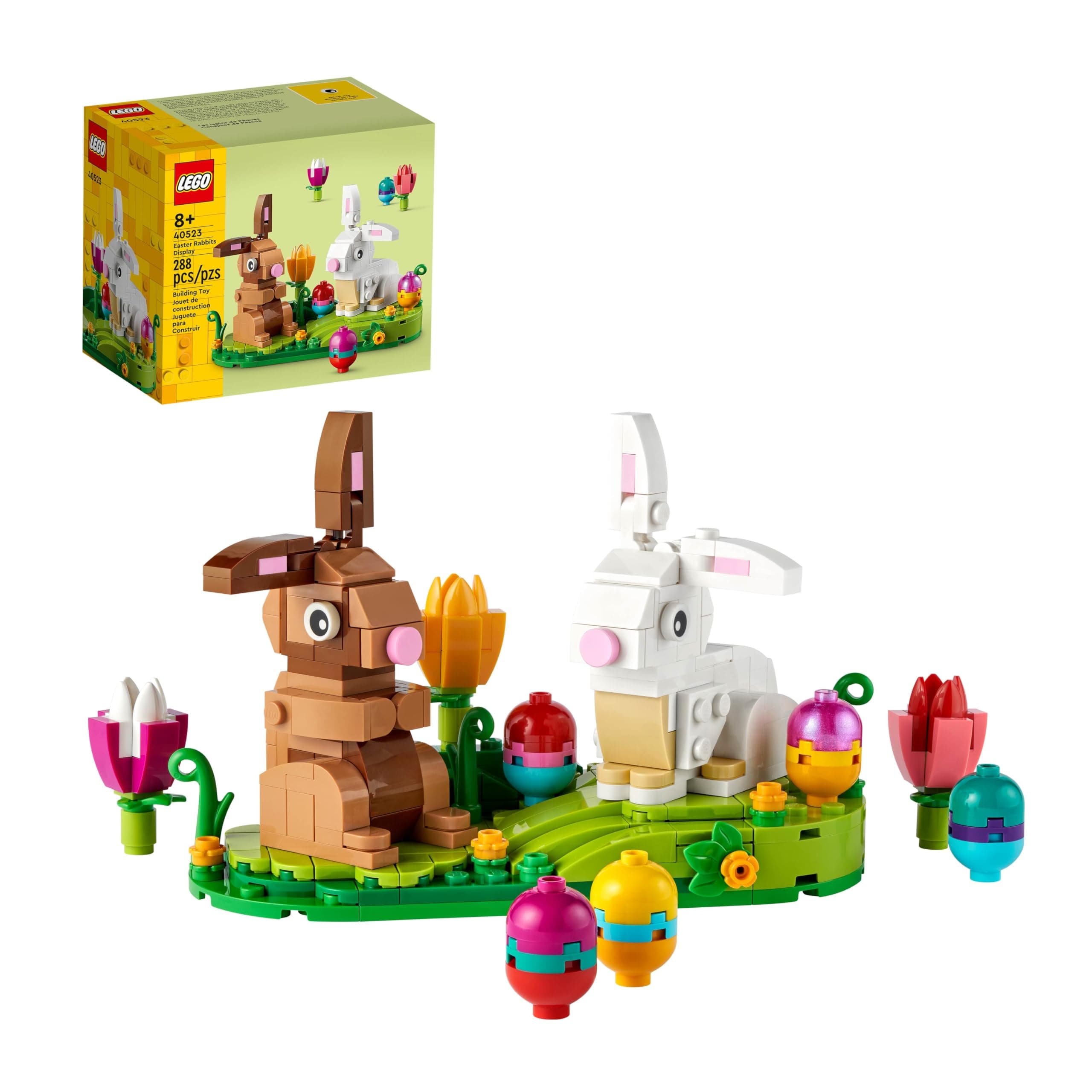 Easter Rabbits Display 40523 Building Toy Set, Includes Colorful Easter Eggs and Tulips, Easter Decorations