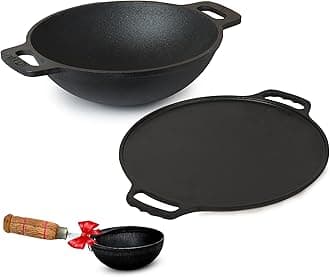 The Indus Valley Pre-Seasoned Cast Iron Cookware Set+ Free Iron Tadka Pan | Tawa (30.5Cm)+ Kadai (25.4 Cm/2.3L) | Kitchen Cooking Combo Pots and Pans Set of 3Pcs | Naturally Nonstick