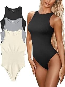 FUNNYBSG Women’s Sexy Ribbed Bodysuit Tops - 3 Piece Sleeveless Halter Neck Bodysuits with Tummy Control (Color : Black Grey Beige, Size : L)