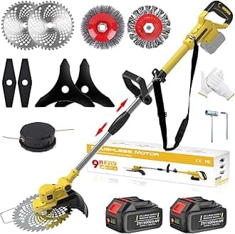 Cordless Grass Trimmer, Cordless Strimmer with 5 Types of Blades and 2 x 4.0Ah Battery, Cutting width 25cm, Telescopic handle, 90° Head pivots, for Lawn Garden Pruning (Yellow)