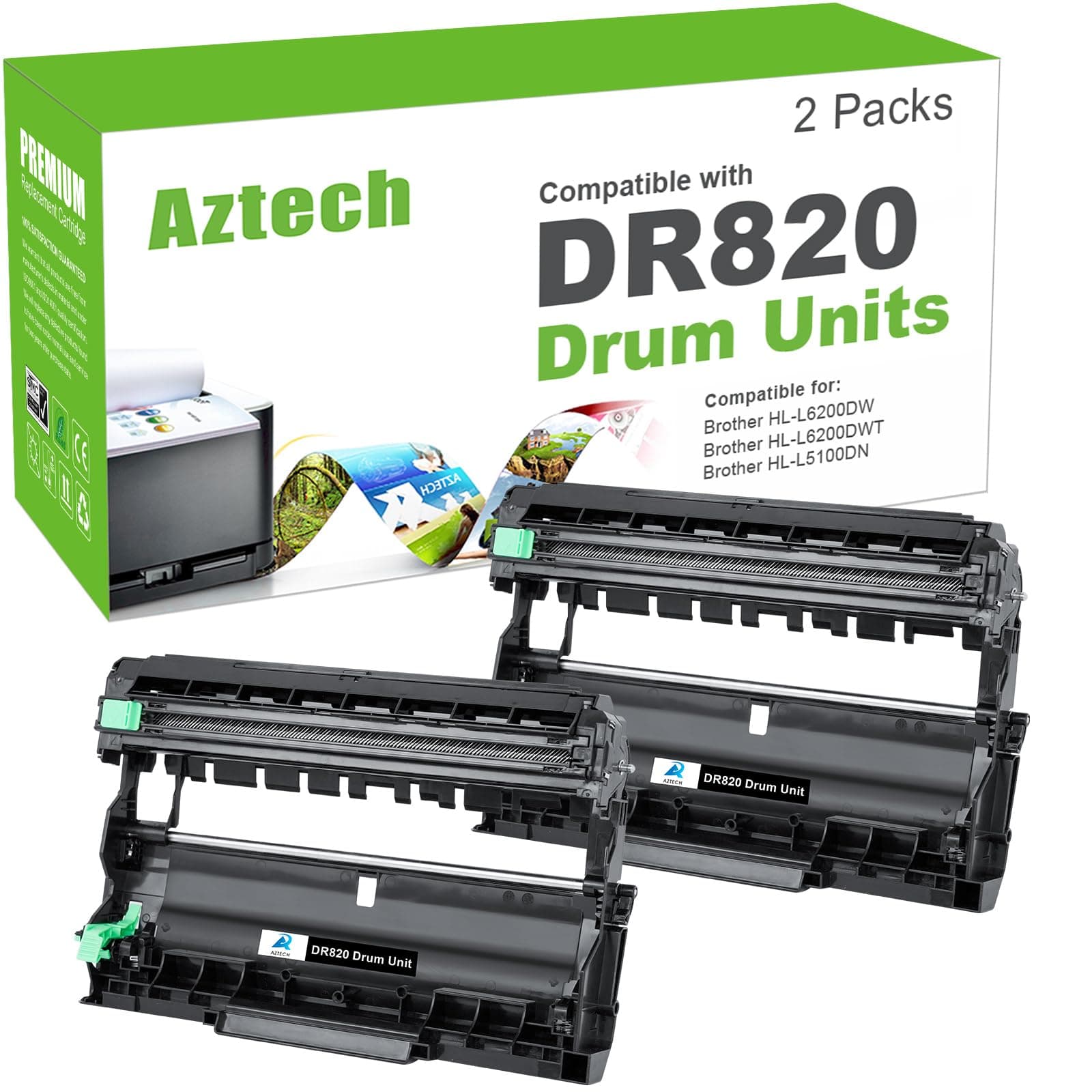 Aztech Compatible Drum Unit Replacement for Brother DR820 DR-820 DR 820 for Brother HL-L6200DW MFC-L5850DW MFC-L5900DW MFC-L6700DW MFC-L5800DW HLL6200DW HL-L5200DW HLL5100DN Printer (Black, 2-Pack)