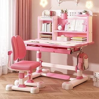 Kids Functional Desk and Chair Set, Study Desk for Children with Chairs, Kids Desk and Chair Set,Height Adjustable Children School Study Desk with Storage Drawer for Boys Girls (Pink C)