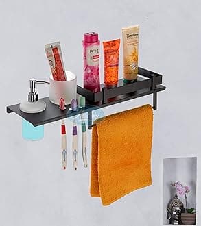 GOSAI Bathroom Accessories Matt Black Multipurpose Shelves with Toothbrush Holder | Soap Dispanser | Towel Ring All in 1 Shelf 18 x 5 inch, Stainless Steel