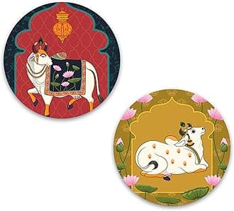 Artvibes Pichwai Round Shape Wooden Wall Hanging Decor | Decorative Hanging Items for Living Room | Gifts | Modern Wall Decoration Artworks for Home | Door Hanging Designer Painting Art Item (WH_8802)