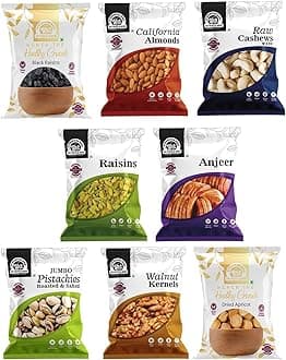 Wonderland Foods 800g (100g X 8) Dry Fruits Combo Pack of 8 | Jumbo Pistachios, NP Almond, W320 Cashew, Black & Golden Raisins, Anjeer, Walnut Kernel, Dried Apricot 100g Each