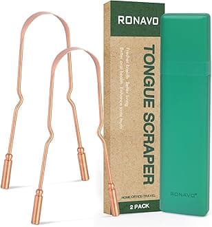 RONAVO Copper Tongue Scraper for Adults (2 Pack), 100% Pure Copper, Naturally Anti-Microbial, Banishes Bad Breath and Maintains Oral Hygiene, Tongue Cleaner with Travel Case, Easy to Use and Clean