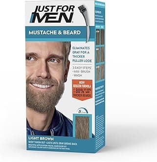 Just For Men Mustache & Beard, Beard Dye for Men with Brush Included, With Keratin Biotin Aloe and Coconut Oil for Healthy Facial Hair - Light Brown, M-25, Pack of 1 (Packaging May Vary)
