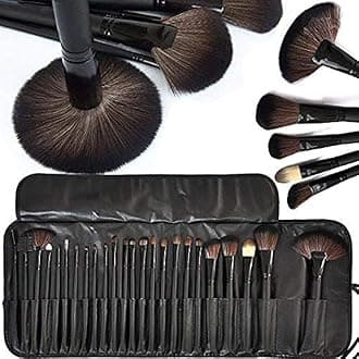 Fiber Bristle Makeup Brush Set with Black Leather Case- BLACK, 24 Pieces