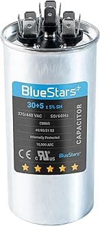 30+5 uf/MFD 370-440 VAC Volts Round Dual Run Capacitor Replacement Part by Blue Stars - Exact Fit for Condenser Straight Cool or Heat Pump Air Conditioner - Replaces TRCFD305 97F9833 27L877