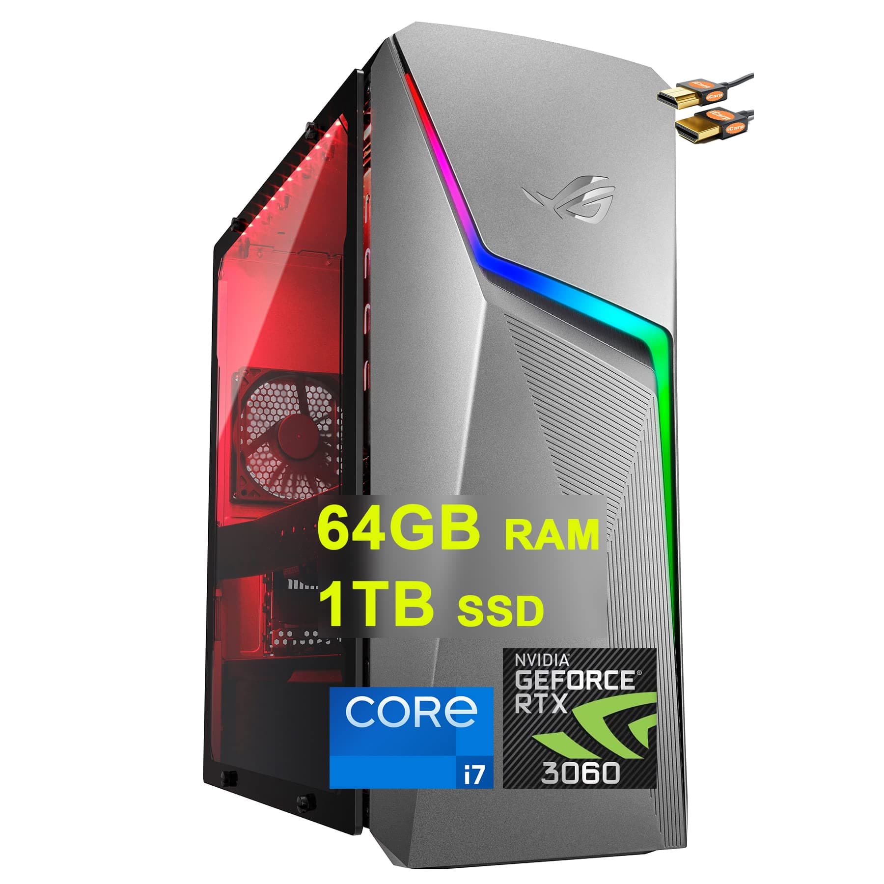 ASUS ROG Strix G10CE Gaming Desktop Computer 11th Generation Intel Octa-Core i7-11700 64GB RAM 1TB SSD NVIDIA Geforce RTX 3060 12GB Graphic DisplayPort Aura Sync Lighting Win11 Gray + HDMI Cable