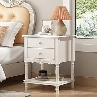 Homsee Vintage Wooden Nightstand with 2 Drawers and Bottom Shelf, Elegant Bedside Table End Side Table for Bedroom, Living Room, White (19.7”W x 16.9”D x 25.2”H)