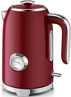 SUSTEAS Electric Kettle - 57oz Hot Tea Water Boiler with Thermometer, 1500W Fast Heating Stainless Steel Pot, Cordless LED Indicator, Auto Shut-Off & Boil Dry Protection, Red
