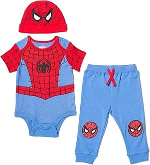 MarvelAvengers Spider-Man Baby Boys 3 Piece Outfit Set: Bodysuit Pants Hat Spider-Man 12 Months