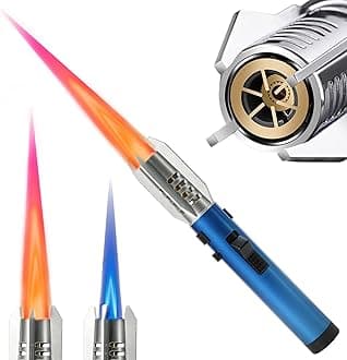 Camping Torch Lighter, Bright Fire Windproof Butane Refillable Straight Flame Lighter with Safety Lock and Adjustable Red Blue Flame for Tactical Outdoor Hiking Campfires BBQ Kitchen Candles (Blue)