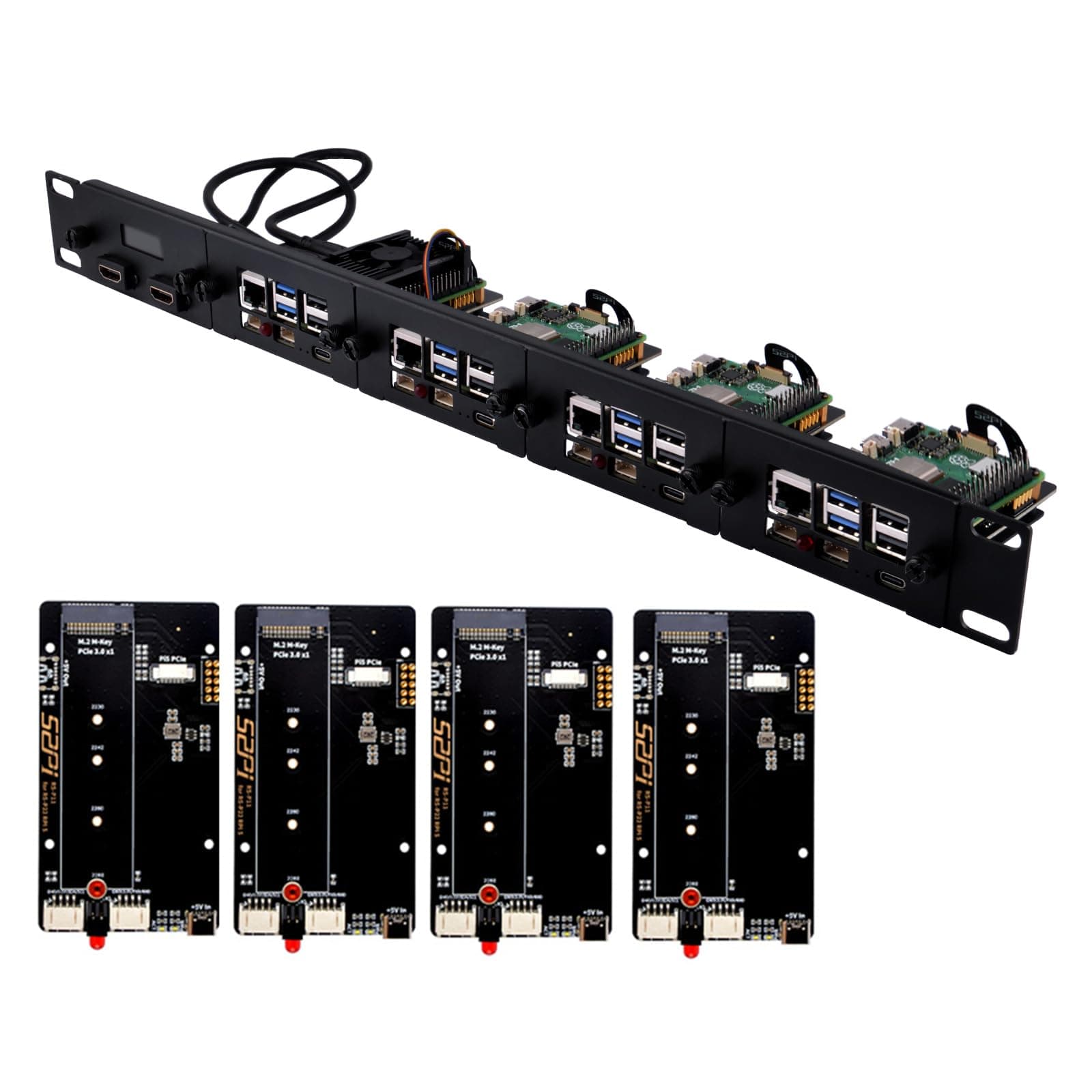 1U Rack Mount for Raspberry Pi 5/4B, with 4PCS PCIe to M.2 NVMe SSD Adapters and OLED Display, Compatible with 19 Inch Server Rack