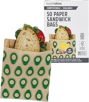 Compostable Sandwich Bags – 50 Count | Avocado Design | Eco-Friendly Food Storage Bags Made from Unbleached Kraft Paper with Recyclable Resealable Stickers