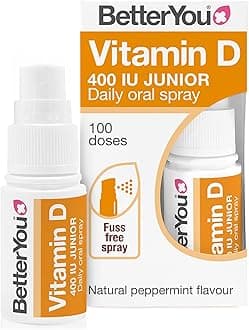 BetterYou Vitamin D Spray for Kids, Vitamin D 400 IU Junior Oral Spray, Fast Acting Vitamin D3 Supplement for Children, 3-Month Supply, Natural Peppermint Flavour, Made in The UK