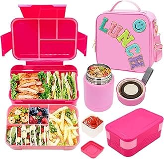 Pink Lunch Box for Girls with 10oz Thermo, with 6 Compartment Bento Box, Nylon Insulated Lunch Bag Adjustable Strap for Girl Kids Teens School Travel Picnic