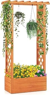 S AFSTAR Raised Garden Bed with Trellis, Wood Planter Box with Hanging Roof & Drainage Holes for Climbing Plants, Vines, Flowers & Vegetables, Indoor Outdoor Plant Container for Patio & Yard
