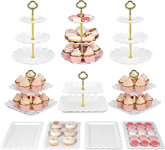 Pack of 10 NWK Cake Stand Set, with 3 x Two-Tier and 3 x Three-Tier Cupcake Stands, 4 x Appetizer Trays, 1 x Tablecloth for Birthday Bridal Baby Shower Party (Gold)