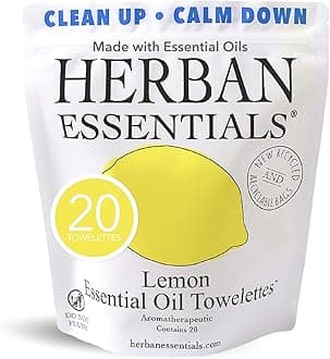 Herban Essentials - Lemon Wipes & Towelettes - Essential Oil Wipes for Make Up, Hands, Face & Body - Travel Size Essentials & Toiletries - Natural, Individually Wrapped, Disposable & Moist (20 count)