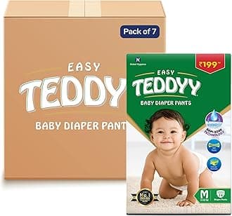 TEDDYY Easy Baby M Size Diaper Pant Style | 98 Count (Medium) | 7–12 kg (Pack of 7) | Long Protection Hours | Anti-Bacterial | Airy Breathable Fit | Rapid Soaker Channels with Wetness Indicator