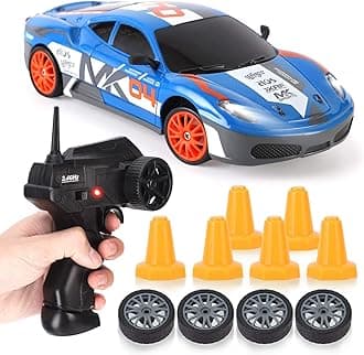 RC Drift Car 1/24 2.4GHz 4WD Remote Control Sport Racing On-Road Vehicle with LED Light, Batteries and Drift Tires (Blue 460)