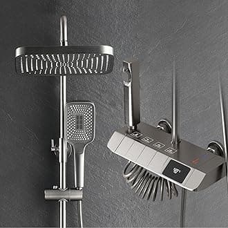 Shower Faucet Set Piano Key Gun Gray Digital Display Shower System, 4 Function Bathroom Rain Shower Combo Set Brass Bathtub Faucet with 3 Mode Hand Shower And Bidet Sprayer