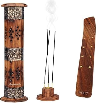 SIGNAMIO® 2pcs Tower Wooden Agarbatti Stand with Ash Catcher: Premium Incense Stick and Dhoop Holder Set for Pooja Room Decoration - Essential Puja Items for Home Mandir & Agarbatti Storage Box