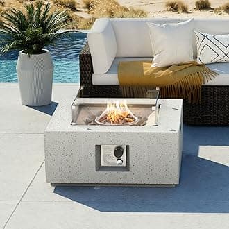COSIEST Outdoor Propane Fire Pit Coffee Table, 28-inch Terrazzo Square Base Patio Heater w Certified, 40,000 BTU Stainless Steel Burner, Wind Guard, Free Lava Rocks and Rain Cover