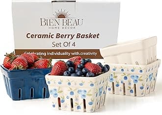 BIEN BEAU Farmhouse Ceramic Berry Basket, Colander, Farmers Market square Bowl. Rustic Kitchen decor fruit bowls, Fruit Baskets, Bleu White and Blueberry pattern Stoneware Harvest Bowls Set of 4 …