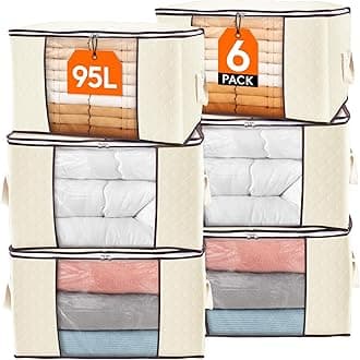 Lifewit Large Capacity Clothes Storage Bag Organizer with Reinforced Handle Thick Fabric for Comforters, Blankets, Bedding, Foldable with Sturdy Zipper, Clear Window, 6 Pack, 95L, Beige