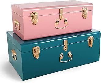Beautify Storage Trunks, Set of 2 Pink & Teal Stainless Steel Storage Chests w/Gold Detailing, Stackable Bedroom Chest Organiser w/Lockable Lids, Sturdy Multi-Purpose Bedding, Blanket & Toy Box