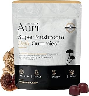 Auri Super Mushroom Daily Gummies - All-in-One Daily Mushroom Supplement Gummy - 12 Mushroom Blend with Chaga, Lions Mane, Reishi, Cordyceps - 60 Gummies