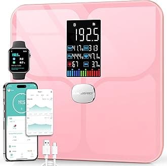 ABLEGRID Body Fat Scale,Digital Smart Bathroom Scale for Body Weight,Large Color Display Screen,22 Body Composition Metrics BMI,Water Weigh,Heart Rate,Baby Mode,400lb,Rechargeable-Rosegold