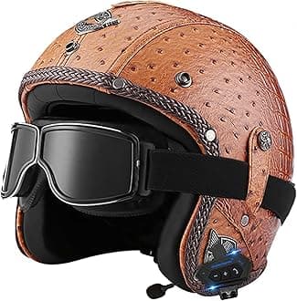 Retro Open Face Motorbike Helmet with Bluetooth, Leather Jet Helmet with Personalized Goggles, DOT Approved 3/4 Motorcycle Half Helmet, Crash Helmet for Adult Men and Women