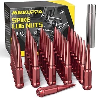 MIKKUPPA M14x1.5 Wheel Spike Lug Nuts, 32 PCS Red Spiked 14mmx1.5 Solid 4.4" Tall Acorn Lug Nuts with 1 Socket Key Replacement for Chevy Silverado 1500 2500 3500, F-150 F-250 F-350