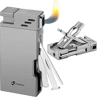 LIHTUN Pipe Lighter with Pipes Stand, Refillable Butane Lighters with Stainless Steels 3 Pipe Tools Cleaner, 5 in 1 Soft Flame Lighter, Portable Pipe Lighters for Outdoor Indoor with Gift Box