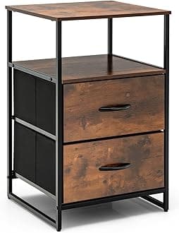 COSTWAY 2/3-Drawer Dresser, Fabric Chest of Drawers with Wooden Top and Front, Metal Frame Storage Cabinet Tower Organizer Unit for Bedroom Living Room Hallway (2 Small Drawers+2-Tier Shelf, Brown)