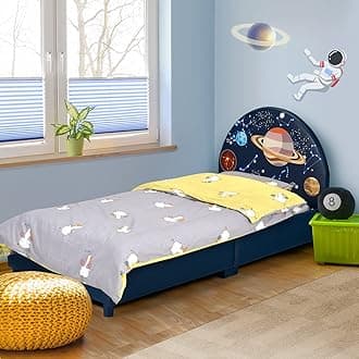 Twin Bed Frames for Kids, Toddler Wooden Twin Bed Platform with Headboard & Slat Base, No Box Spring Needed, Children Bedroom Furniture for Boys Girls, Fits Standard Twin Mattress, Planet