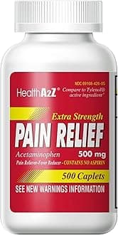 HealthA2Z® Extra Strength Pain Relief, Acetaminophen 500mg, Dye Free, Contains No Aspirin, Fever Reducer, Pain Reliever (500 Count (Pack of 1))
